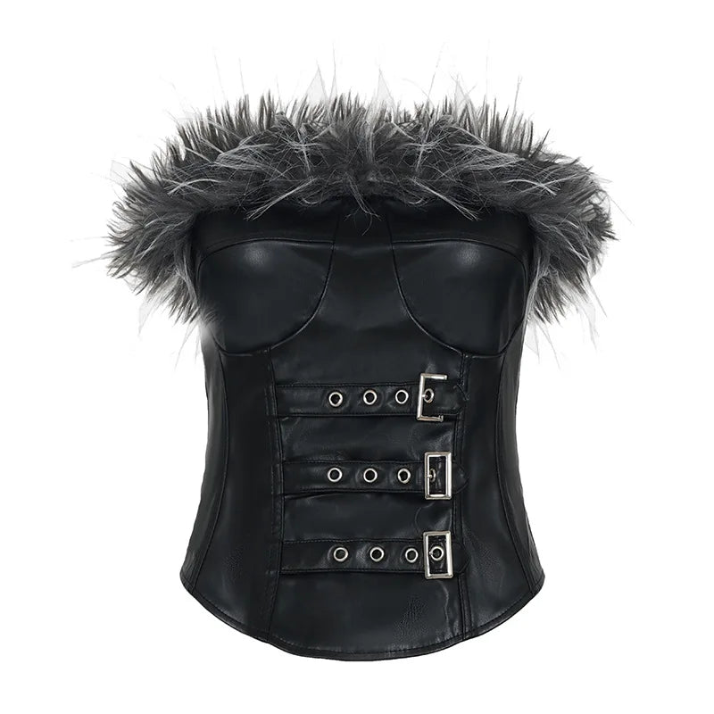 FAGADOER Punk Gothic Sexy Fur Leather Patchwork 2 Pieces Set for Woman Sleeveless Backless Tops and Bubble Puff Skirt Streetwear