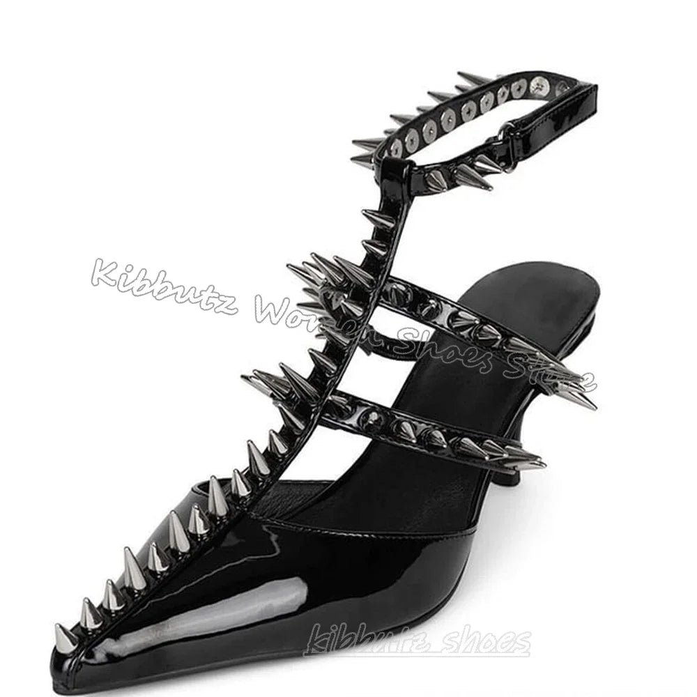 Rivets Pumps Women Shoes Gothic Rock Punk Pointed Toe Thin Heels Buckle Strap Fashion Novelty Sexy Elegant Leather Solid Color