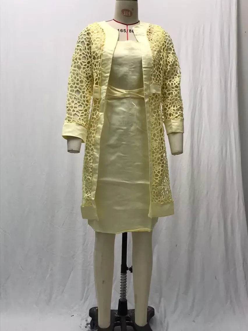 2025 Women's Lace Open Cardigan Dress Two-Piece Outfit Popular Wish Elegant Style Chinese Origin Fashionable Female Clothing