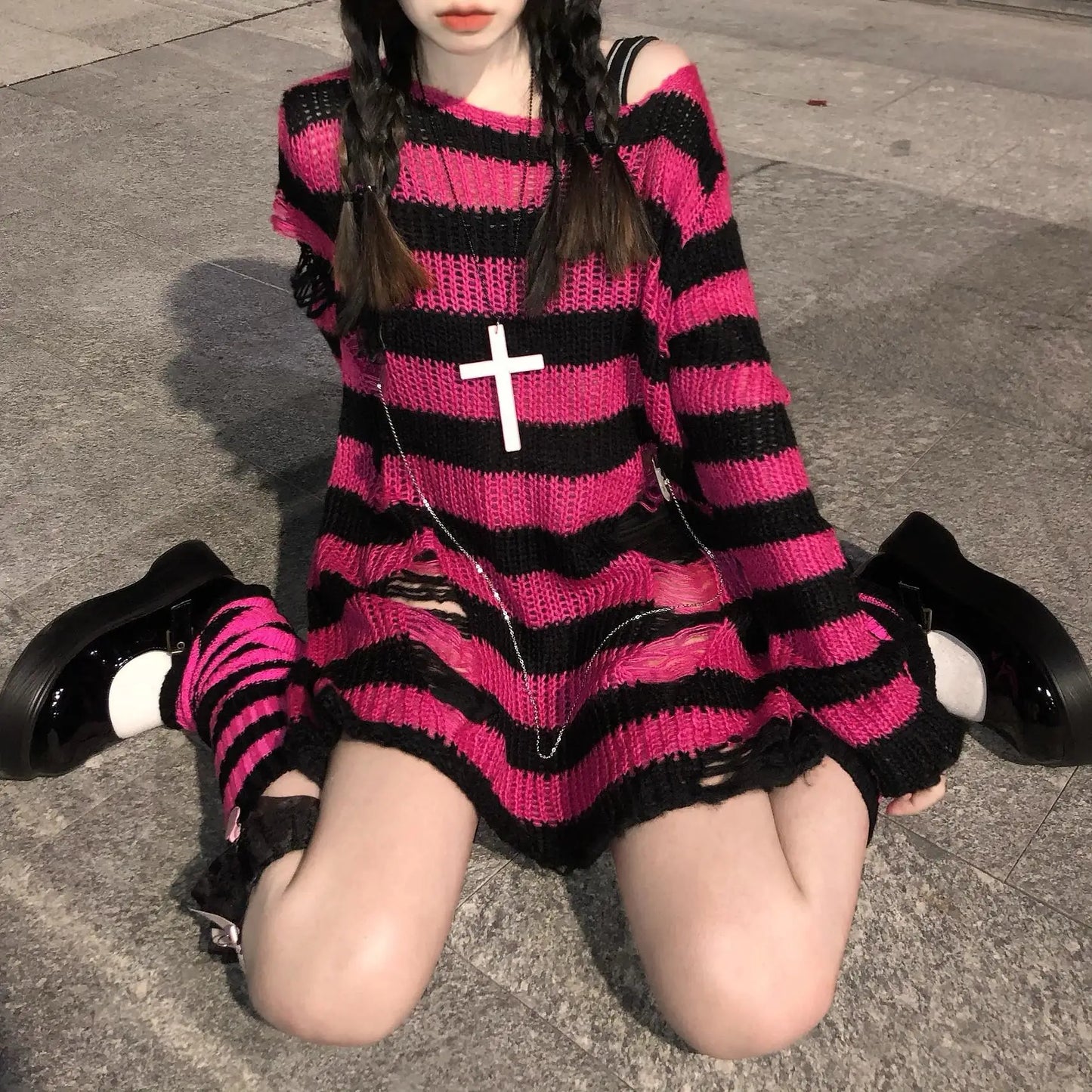 Karrram Pink Striped Gothic Sweaters Women Ripped Holes Loose Knitted Pullover Frayed Fairy Grunge Jumpers Emo Streetwear Lolita