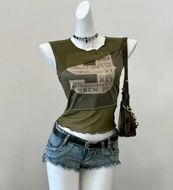 Korean summer new hot girl style 90s retro print niche y2k versatile design rock punk splicing mesh slim sleeveless T-shirt