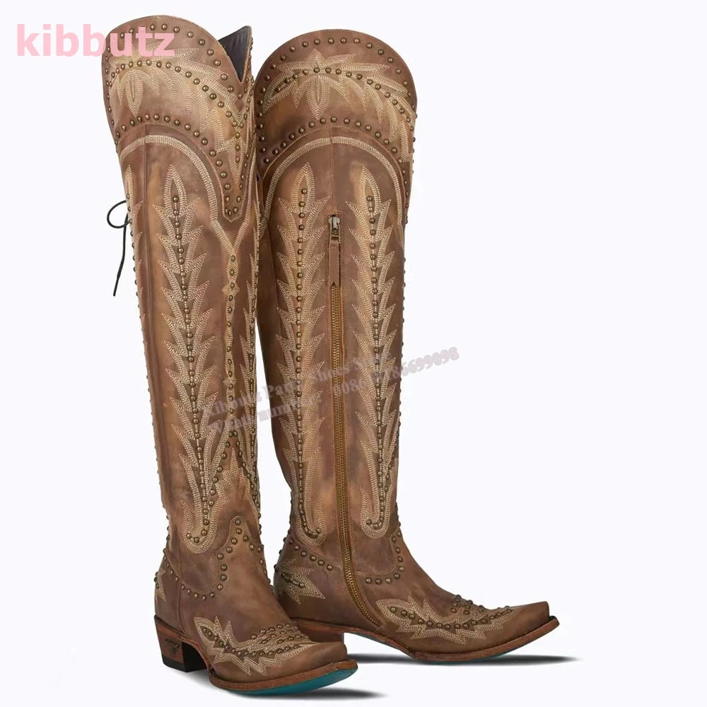 Rivet Cowboy Vintage Boots Over The Knee High Embroidery Lace-Up Luxury Leather Pointed Toe Chunky Heels Fashion Concise Shoes