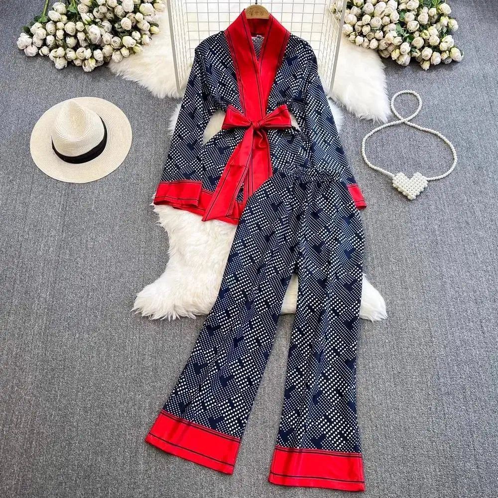 Women Contrast Dot Print V-Neck Loose Lace Up Top+Elastic Waist Wide Leg Pant Suit Autumn Fashion Kimono Cardigan Two Piece Set