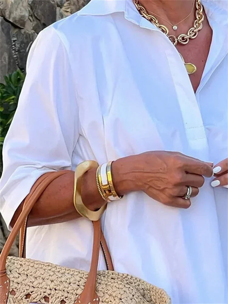 Fashion Women's White Shirt Dress Summer Half Sleeves Loose Solid Color Lapel Loose Casual Deep V-neck Mini Dresses