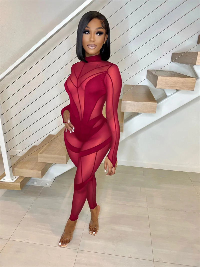 Sexy Sheer Mesh Jumpsuits Women Party Club Outfits Skinny Patchwork Long Sleeve See Through Rompers Womens Jumpsuit Midnight