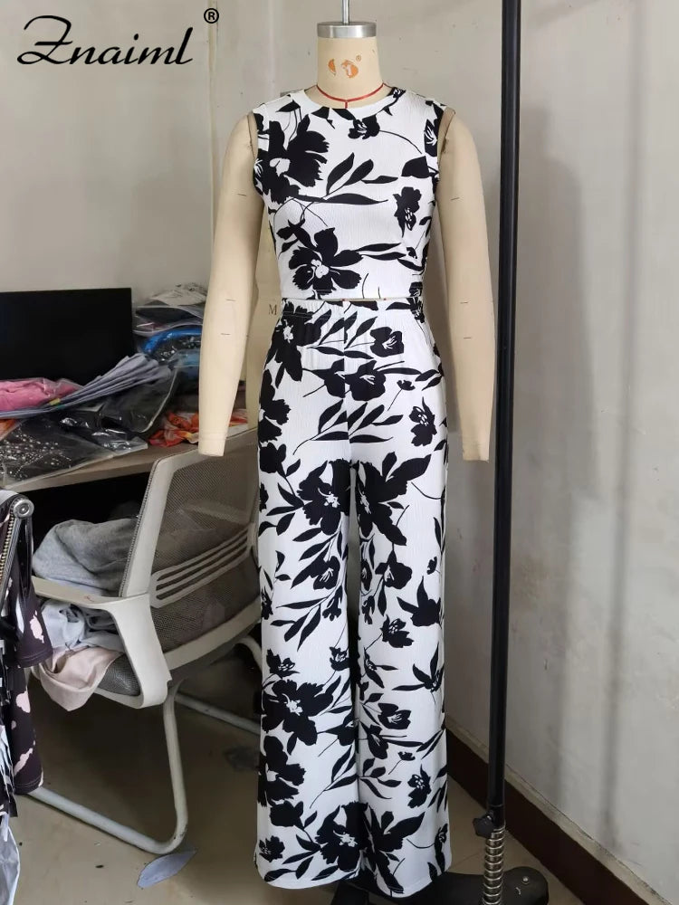 Znaiml Elegant Vacation Flowers Print O-Neck Tank Tops and Straight Wide Leg Pants 2 Pieces Women Sets Summer Birthday Outfits