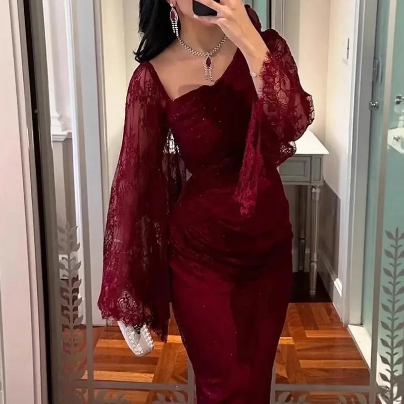 Sexy Lace Slanted Neck Women's Evening Dress Autumn New Long Sleeved High Waist A-line Dress Elegant Pleated Slim Fit Maxi Dress