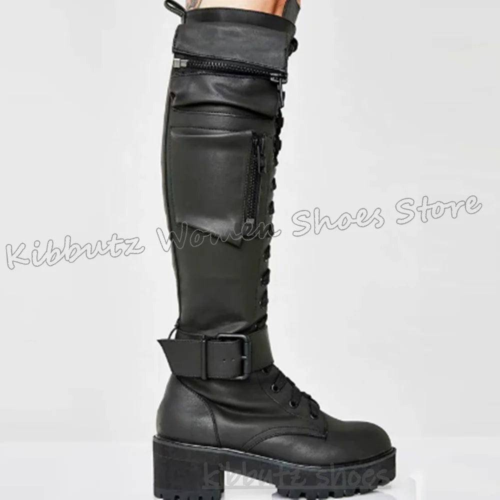 Knee High Boots Bling Glossy Pocket Zipper Lace-Up Round Toe Chunky Heels Fashion Punk Rock Gothic Novelty Sexy Women Shoes New