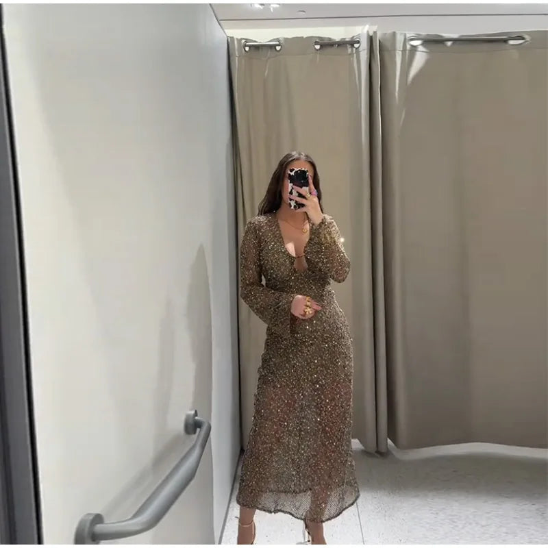 Sequin Maixi Dress Woman Deep V-neck Sparkling Lace Up Trumpet Sleeves Slim Long Dresses Sexy Perspective Party Women's Robe