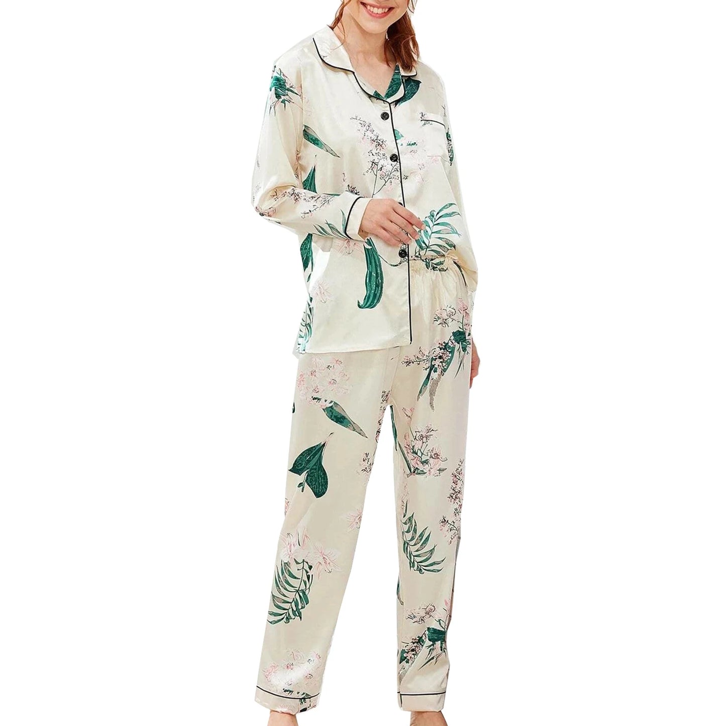 Women 2 Pieces Satin Pajamas Set Spring Autumn Long Sleeve Button Up Shirt and Casual Loose Elastic Pants Sleepwear Loungewear