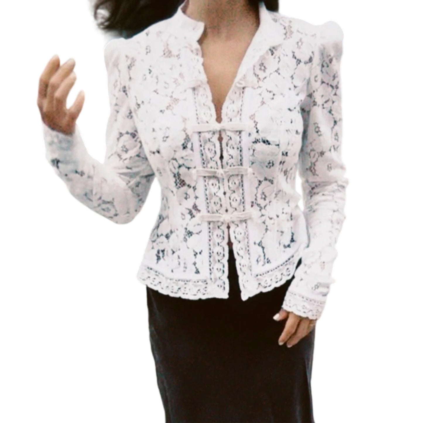 Women s Floral Lace Blouse Long Sleeve Button-up Fit Elegant Spring Sheer Top for Work or Date Night