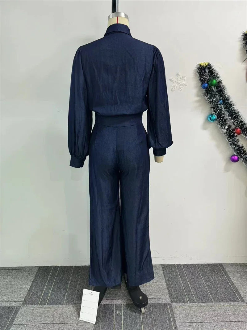 Lmitation Denim Pant Sets Womens 2 Piece Outfit Loose Fit Lantern Sleeve Bow Tie Shirt Top and Wide Leg Pants Matching Sets