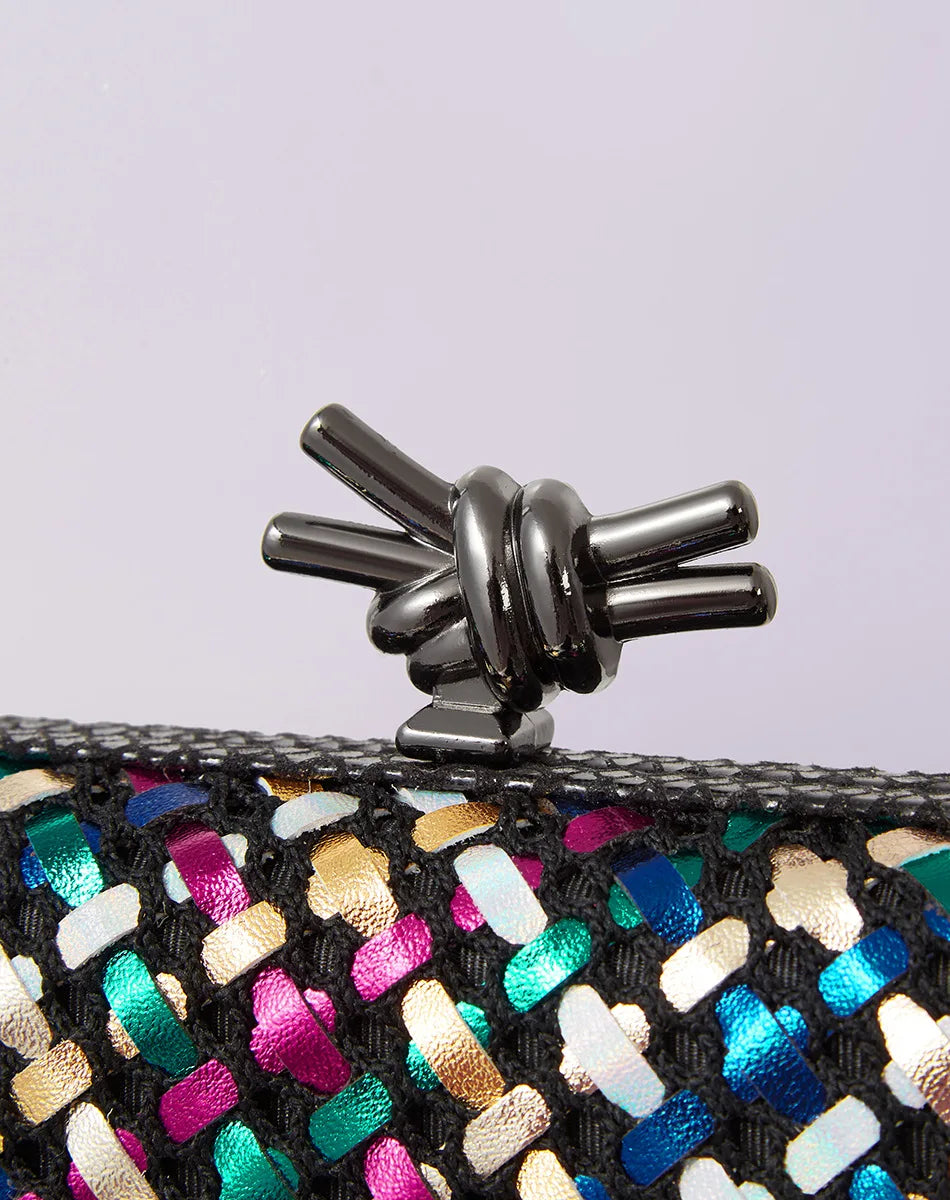 Gold Evening Clutch Bag for Women Leather and Bright Line Woven Purse Elegant Ladies Metal Knot Party Handbag Bolsas Femininas
