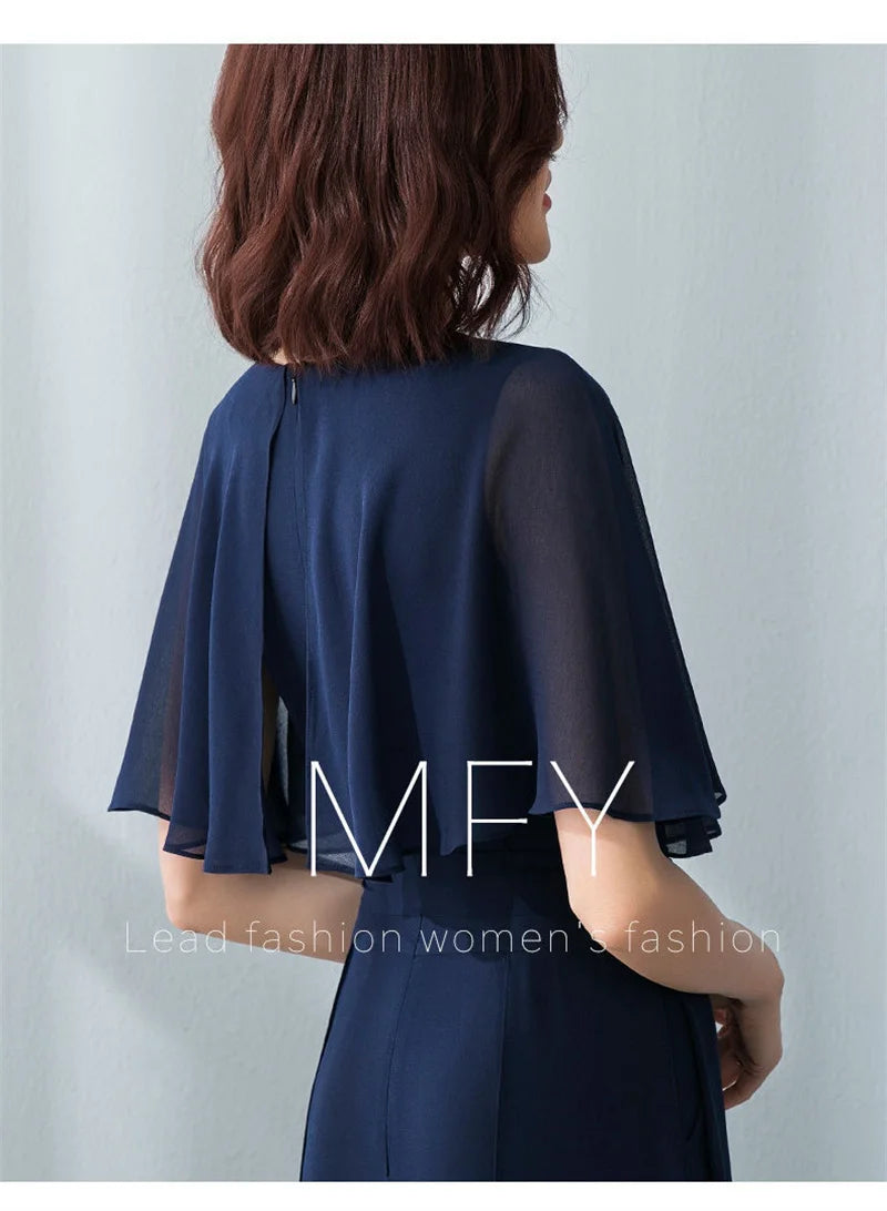 Lotus Leaf Sleeve Jumpsuit Women's Summer Long 2023 New Chiffon Jumpsuit Wide Leg Set Temperament Jumpsuit Female Bodysuit Blue