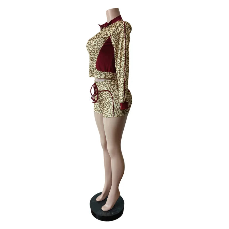 Weird Puss Casual Women 2 Piece Set  Tracksuit Leopard Print Patchwork Zip Crop Jacket+Shorts Sporty Stretch Streetwear Outfits