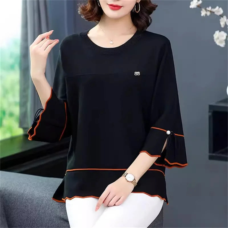 6XL Mom Large Summer New Ice Silk Shirt 3/4 Sleeves Round necked T-shirt Knit Sweater Loose Top For Wearing Outwear Top Black