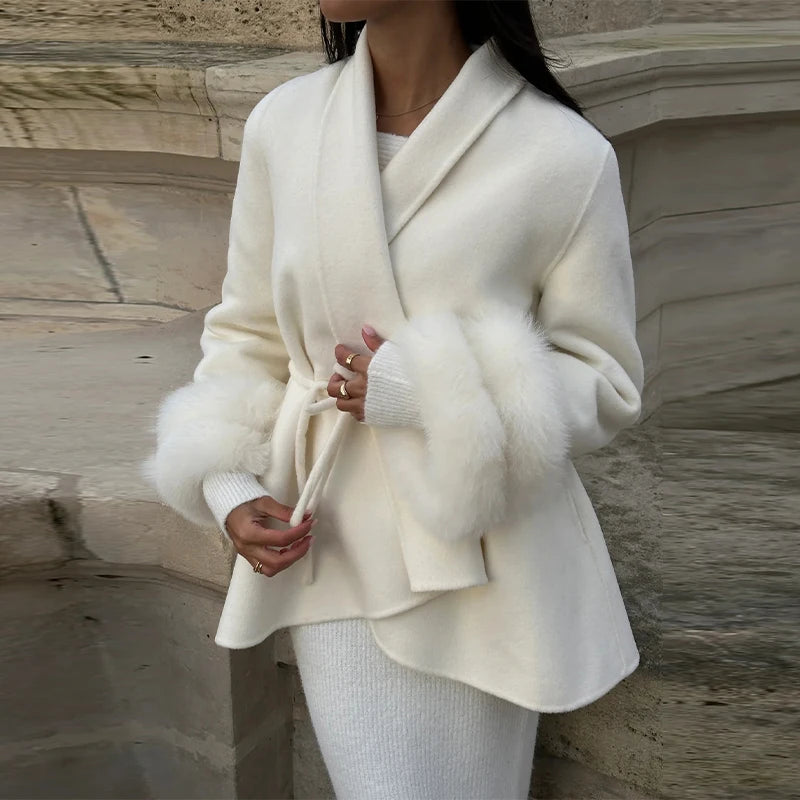 Plush Cuffs Belt Women 's Coats Elegant Lapel Faux Fur Sleeve Twist Open Coat Female 2025 Autumn Winter Fashion Lady Streetwears