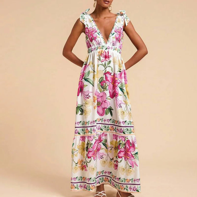 Lady Retro Floral Print Pleated Long Dress Sexy V Neck Hollow Out Sleeveless Beach Dress Casual High Waist Bohemian Summer Dress