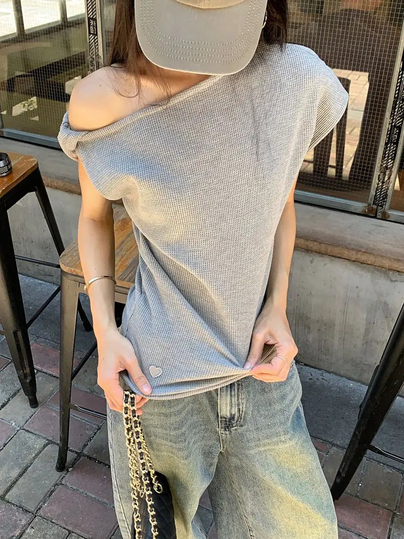 Waffle Off shoulder Short sleeve T shirt Women Elegant Youth Summer Top Korean Chic Holiday Lady Casual Tee 2025