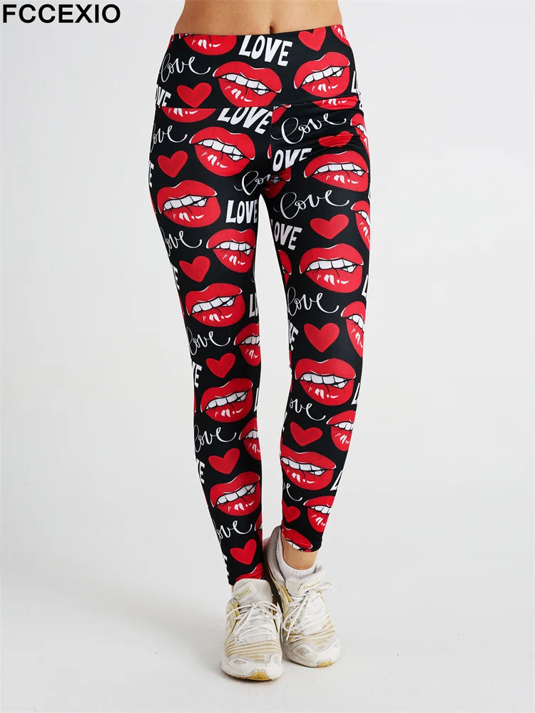 FCCEXIO Hot New Women Leggings Red Lip Love Digital Print Patchwork Fitness Legging Push Up Workout Leggins Pants Sexy Pants