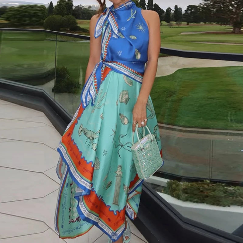 Casual Loose Satin Irregular Dress Ladies O-neck Sleeveless Printed Long Dress Sexy Hollow Out High Waist Pleated Evening Dress