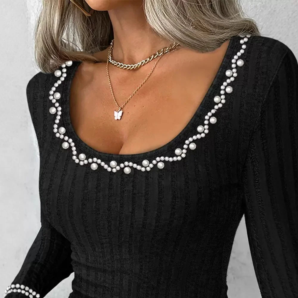 Fashion Woman Sexy Elegant Autumn Winter 2024 Pullover Beaded Scoop Neck Long Sleeve Ribbed Slim Fit T-Shirt Y2K Skinny Tops