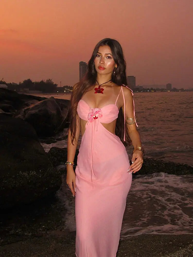Sweet Pink Bikini Skinny Sling Dress 3d Flower Backless Sleeveless Women's Patchwork Pleated Robe 2025 Summer Female Party Gown