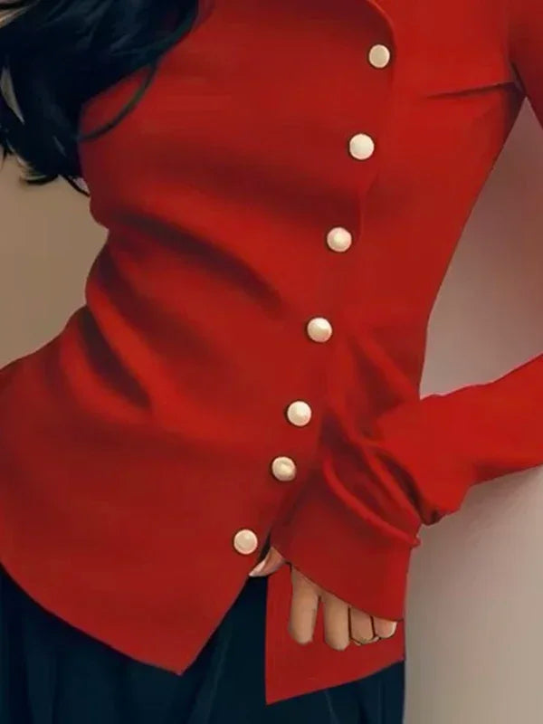 Long Sleeve T-shirt Women Skinny Clothies 2025 Fashion Pearl Buttons V-neck Irregular Red Black Casual Female Y2k Tops