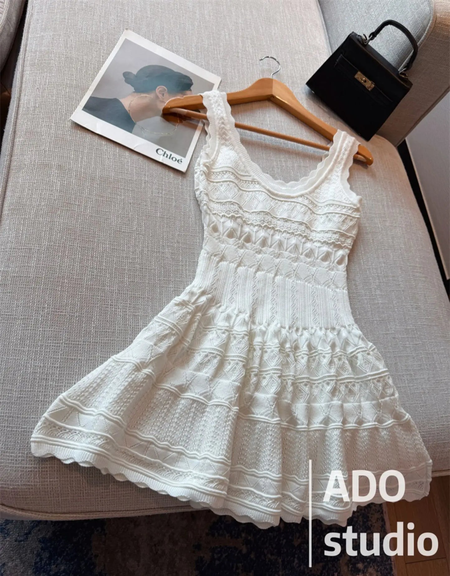 White Sweet A-line Ruffle Edge Knitted Vest Dress Women's Summer French Fashion Slim Temperament Sexy Girl Hollow Short Dress