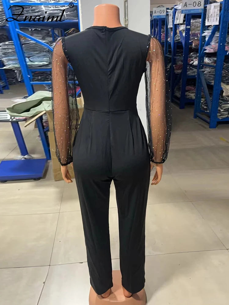 Znaiml Sexy Black Deep V-neck Mesh Chain Waist Long Sleeve Jumpsuit One Piece Overall Women Elegant Birthday Party Rompers New
