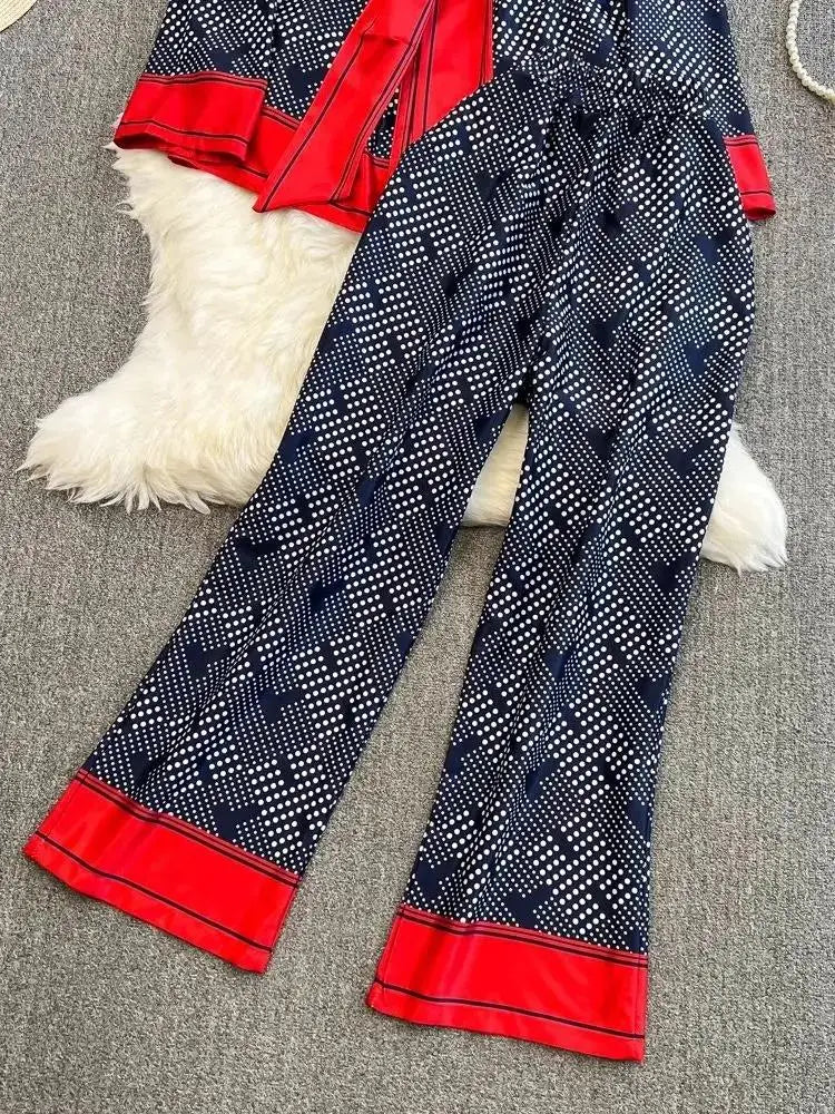 Women Contrast Dot Print V-Neck Loose Lace Up Top+Elastic Waist Wide Leg Pant Suit Autumn Fashion Kimono Cardigan Two Piece Set