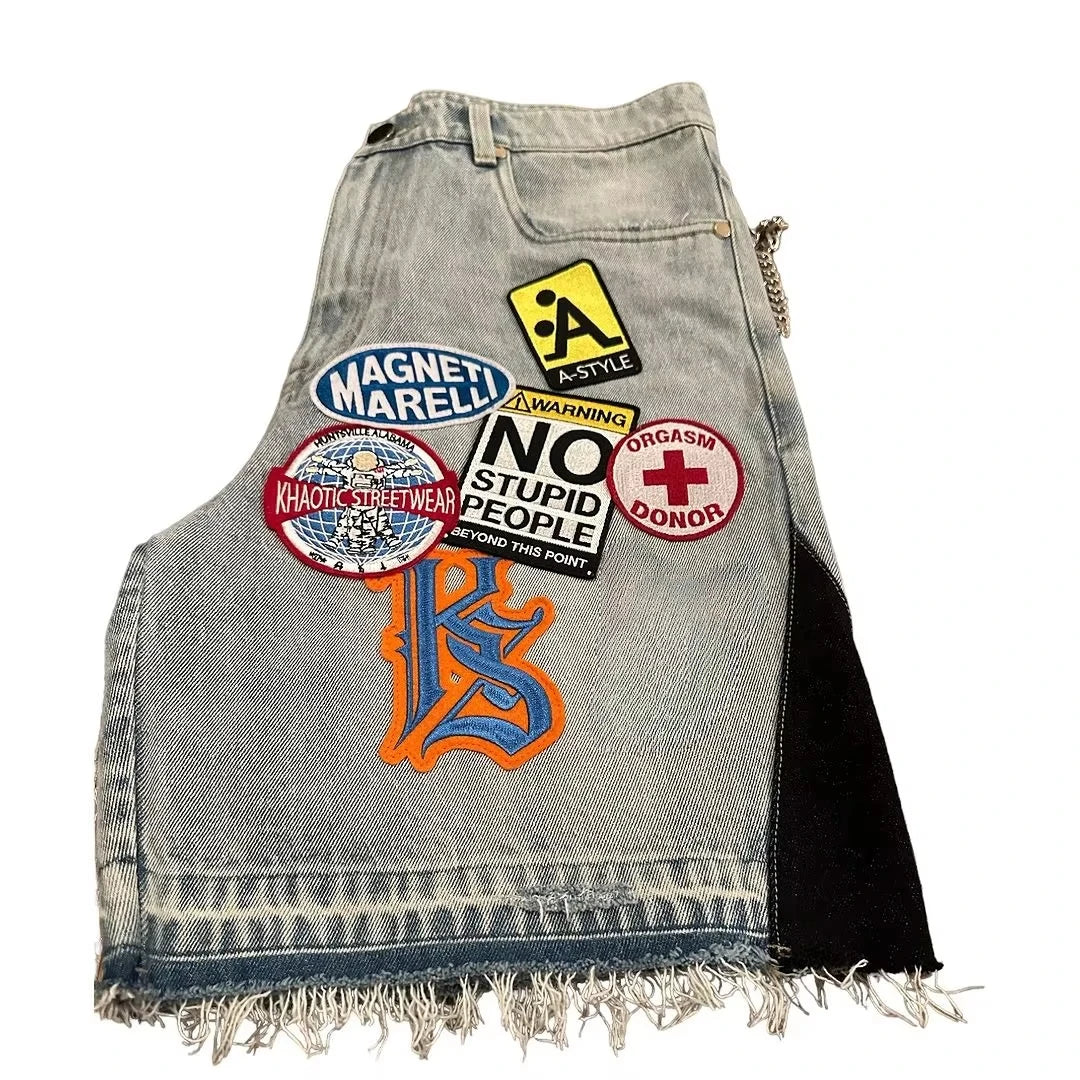 American Patchwork Embroidered Denim Shorts Y2K Jeans Mens Womens Hip Hop Washed Baggy Shorts Low Waist Over The Knee Pants