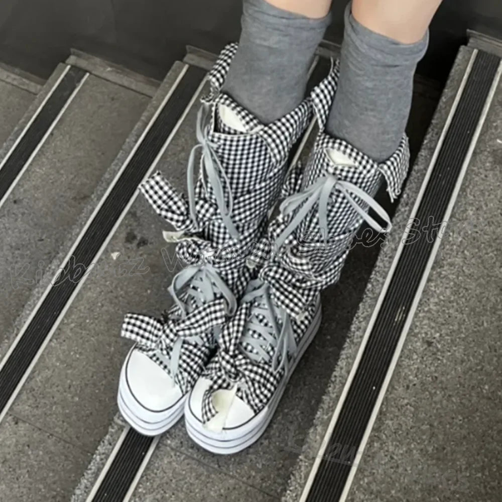 Checkered Canvas Boots Knee High Platform Lace-Up Mixed Color Fashion Elegant Luxury Novelty Women Shoes Round Toe Thick Bottom