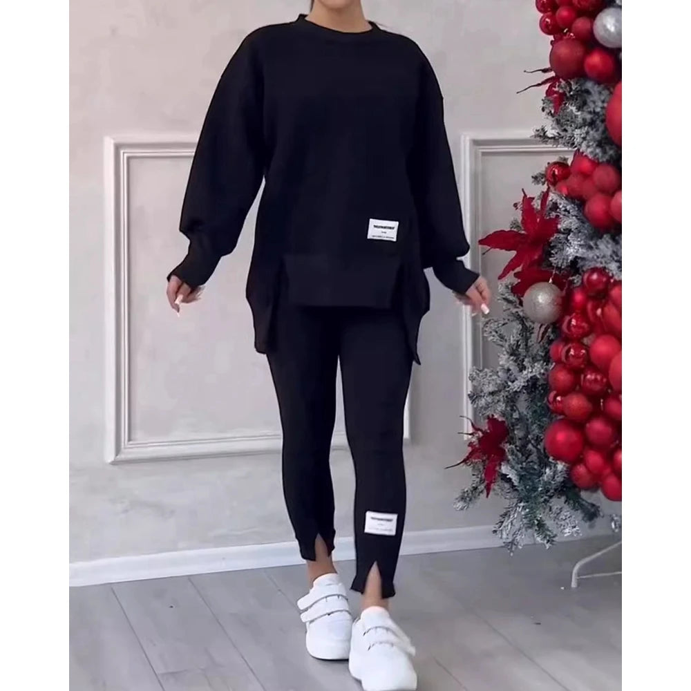 Sporty O-neck Long Sleeve Asymmetrical Sweatshirt & Skinny Pants Set Two Piece Outfits Tracksuit Sets Fall Clothing