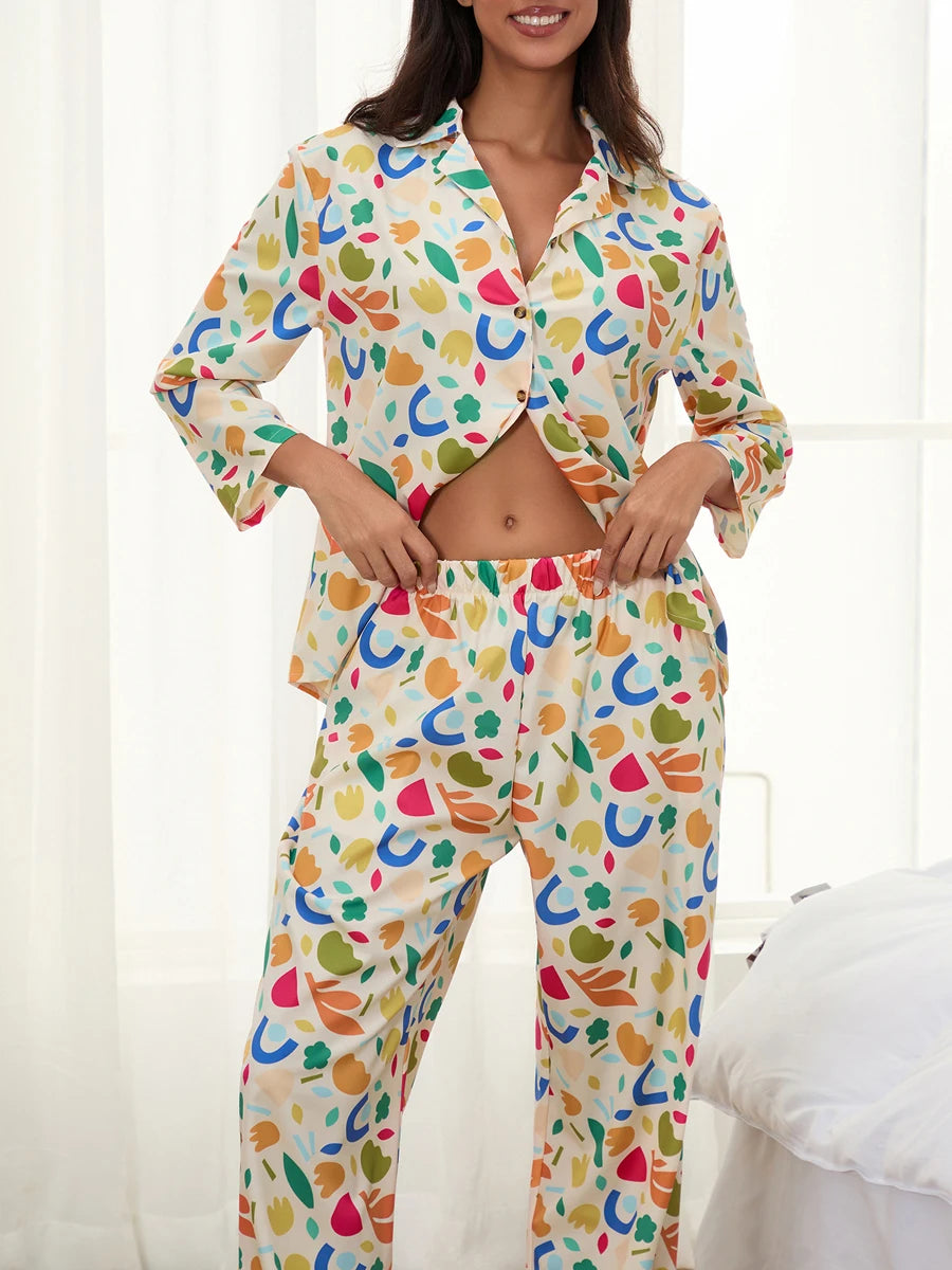 Women Pajamas Set 2 Pieces Loungewear Suits Fashion Print Button up Long Sleeve Tops and Elastic Pants Sleepwear Outfits Pjs