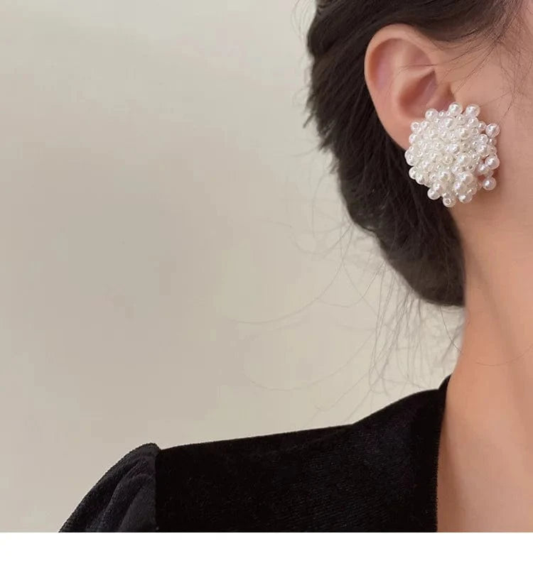 Exquisite Pearl Braided Flower Earrings for Women French Exaggerated Round Brincos Wedding Party Jewelry