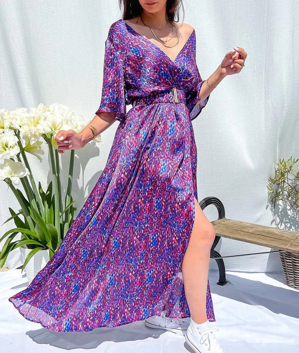 2023 Summer Elegant V-Neck Belt-Printed Long Dress From Amazon's Independent Store Wish Asia Exquisite Craftsmanship Slim Fit
