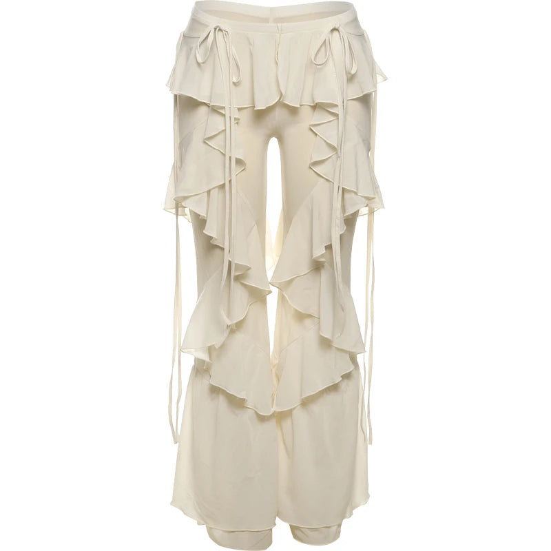 Weird Puss Irregular Tierred Flare Pants Women Y2K Patchwork See Through Summer Hipster Wild Basic Street Trend Classic Trousers
