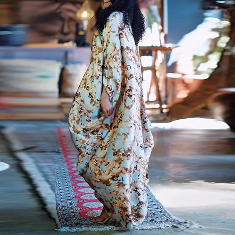 Fashion Asymmetrical Batwing Sleeve Women's Dress Summer Casual Loose Drawstring Long Dress Retro Floral Print Muslim Robe Dress