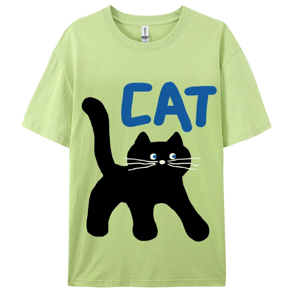 Women's Basic Crew Neck Tee Trendy Y2K Women's Short Sleeve Cartoon Cat Print Cute Aesthetic Cotton Casual T-Shirt