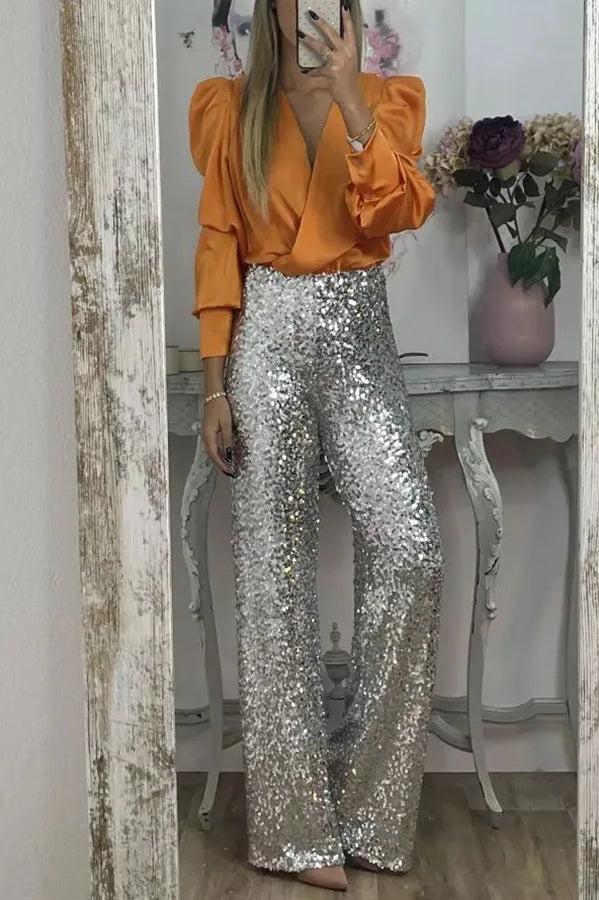 Spring Solid Color Commute Satin Shirt Pullover Fashion V-Neck Puff Long Sleeve Blouses Female Temperament Pleated Ruffled Tops