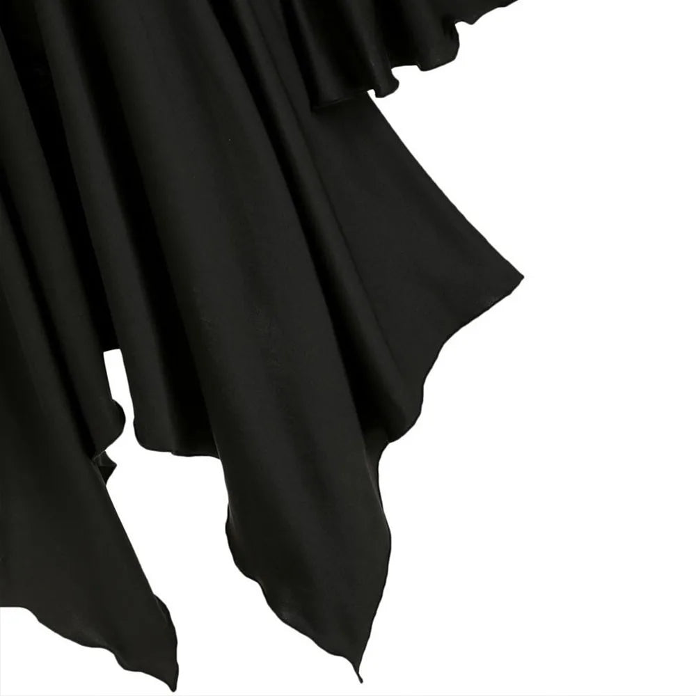 Halloween Women's Gothic Hooded Ruffle Flared Sleeve Lace Up Cloak Cape Tunic Tops Ladies Party Witch Costume Size S-2XL