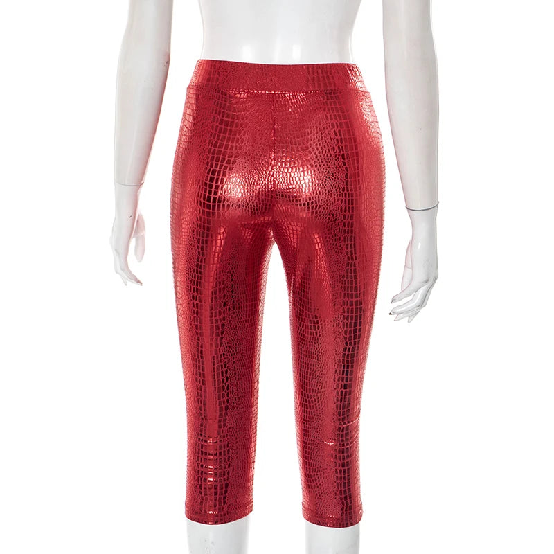 CUTENOVA Sexy Snake Print Solid Color Glossy Elastic High-Waisted Seven-Minute Casual Pants Summer New Women'S Clothing