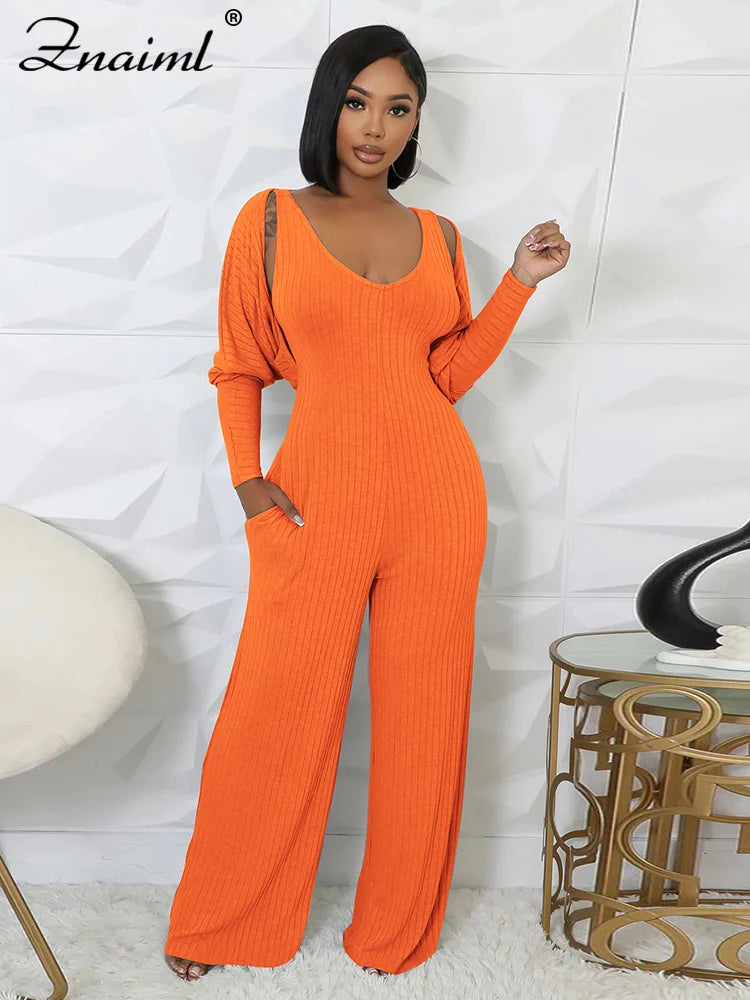 Znaiml Blue Knitted Ribber Wide Leg Pants Jumpsuits and Crop Coat Tops Two 2 Piece Women Sets Autumn Streetwear Birthday Outfits