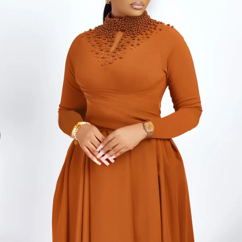 Fashionable High-collar Elegant Embroidered Large Dress Women Waist-shaping African Dress Trendy Plain Pattern Long Skirt