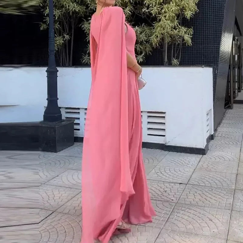 New 2025 Chiffon High Waist Pleated Long Dress Women's Fashion Cocktail Dress Elegant O-neck Flying Sleeves Solid Evening Dress