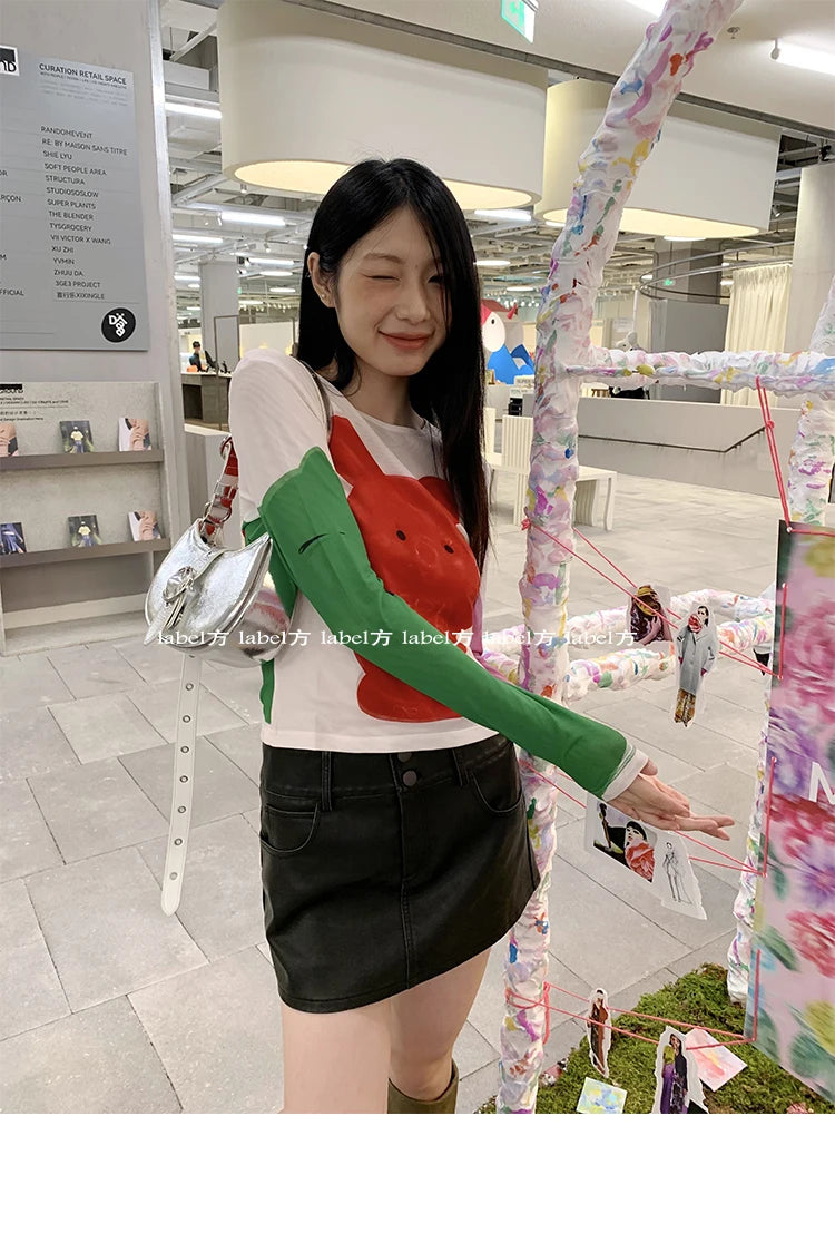 Karrram Y2k Aesthetics Mesh Tops Japanese Harajuku Cartoon Print T-shirt 2000s Vintage Cute T Shirt Korean Style Dopamine Tops