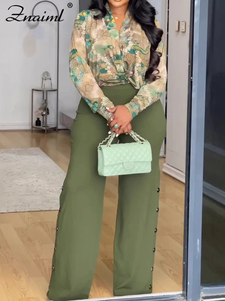 Znaiml Elegant Women's Pants Set Long Sleeve Print Shirt and Wide Leg Pant Autumn Two 2 Piece Sets Streetwear 2PC OL Outfits New