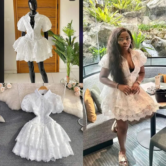 Vintage Elegant Lapel Single-Breasted White Embroidery Puff Sleeve A- Line Cake Dress Cross-Border Summer 2022