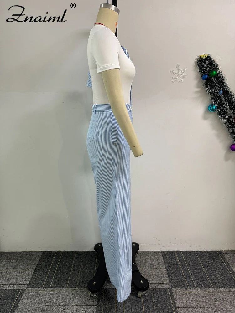 Znaiml Fashion Stripe Print 3D Flower Ruffles Sleeve Shirts Top and Wide Leg Pants Two 2 Piece Women‘s Sets Streetwear Outfits